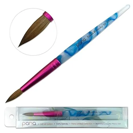 Pana Pure Kolinsky Hair Acrylic Nail Brush - Round Shape Pink Ferrule with White Swirl Blue Handle Size 12 - Nail Brush for Acrylic Nail Application