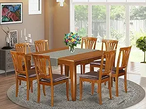 East West Furniture PFAV9-SBR-LC 9 Piece Dining Table Set Includes a Square Wooden Table with Butterfly Leaf and 8 Faux Leather Dining Room Chairs, 54x54 Inch, Saddle Brown