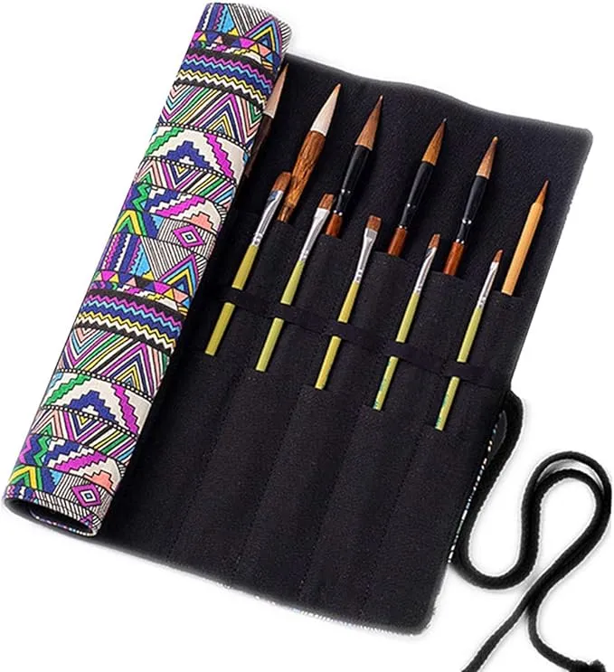 Laventy Boho Roll Up Paint Brush Holder Painting Organization and Storage Artist Canvas Roll Pouch Bag Makeup Brushes Case Organizer Without Brushes