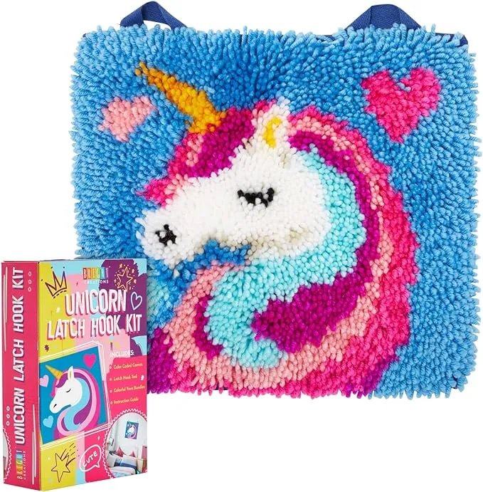 Mini Unicorn Latch Hook Rug Kit For Kids Crafts, Adults, and Beginners, DIY (12 x 11 In)