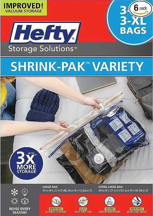 Hefty Shrink-Pak Vacuum Storage Bags - Space Saver Vacuum Storage Bags for Under Bed Storage, Clothing and Comforter Storage, Odor Resistant, 3X More Storage Space - 3 Large, 3 XL Vacuum Storage Bags