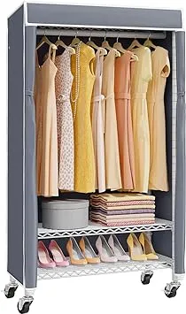 VIPEK R1C Plus Rolling Clothes Rack with Cover Portable Closet for Hanging Clothes, Heavy Duty Garment Rack Freestanding Clothing Rack with Wheels & Hanging Rod, White Closet Rack with Gray Cover