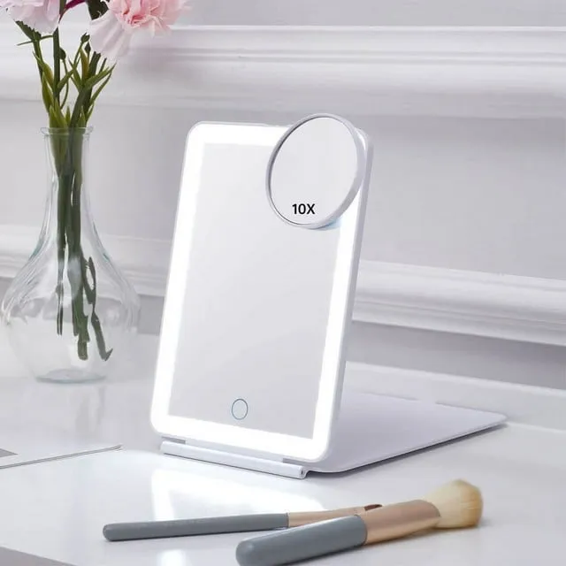 Vanity Mirror with 80LEDs, Travel Makeup Mirror with 10X Magnifying Mirror, 3 Color Lighting, Rechargeable 2000mAh Batteries, Portable Ultra Slim Lighted Makeup Mirror, Travel Essential for Women