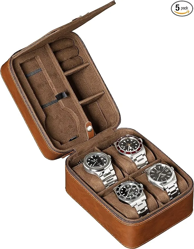 ROTHWELL 5 Watch Travel Case Storage Organizer for 5 Watches | Tough Portable Protection w/Zipper Fits All Wristwatches & Smart Watches Up to 50mm (Tan/Brown)