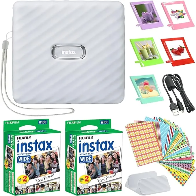 Fujifilm Instax Link Wide Smartphone Printer + Fuji Instax Film Value Pack (40 Sheets) Accessories Frames Bundle (Ash White)