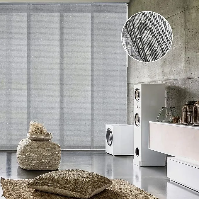 GoDear Design Adjustable Vertical Blinds for Sliding Doors, Extendable Track from 45.8" to 86" W, Trimmable Panel Curtains Up to 96", Semi-Sheer Panels with Shimmering Sequins, Diamond Silver