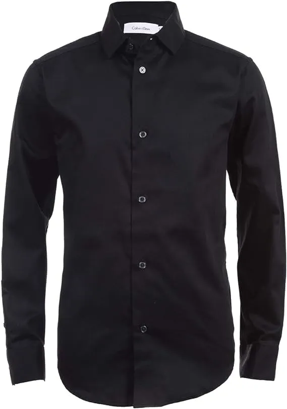 Calvin Klein Boys' Long Sleeve Sateen Dress Shirt, Style with Buttoned Cuffs & Shirttail Hem