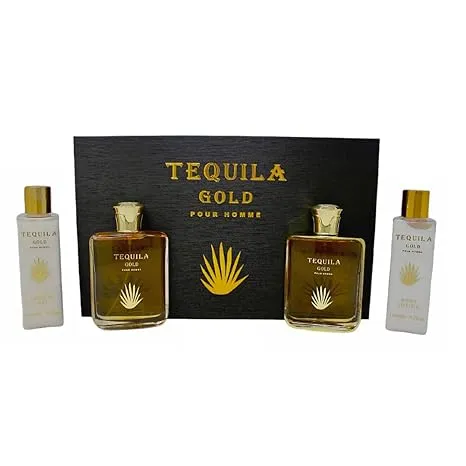 Tequila Gold Pour Homme for Men 4 piece HardBox Set (3.4 Ounce Eau de Parfum + 3.4 Ounce After Shave + 5.7 Ounce Shower Gel + 5.7 Ounce Body Lotion)