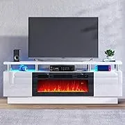 Fireplace TV Stand, Entertainment Center for TVs up to 80", 70” TV Stand with 36'' Electric Fireplace, LED Lights Entertainment Center, TV Console, White