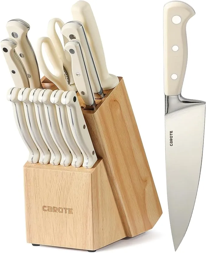 CAROTE 14 Pieces Knife Set with Block, Forged, High Carbon Stainless Steel Sharp Blade Block Knife Set, Dishwasher Safe Cutlery, Cream