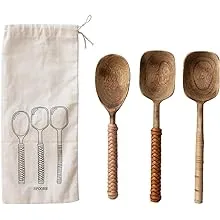 Creative Co-op Mango Wood Bamboo and Leather Wrapped Handles, Set of 3 Spoon Set, 2" L x 2" W x 8" H, Natural