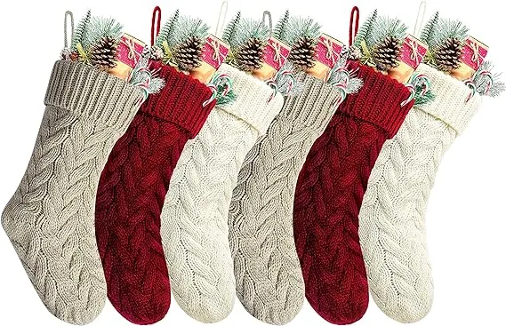 Pack 6,18" Unique Burgundy and Ivory White and Khaki Knit Christmas Stockings Style3