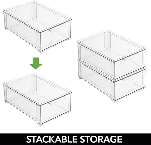 mDesign Plastic Stackable Bathroom Storage Organizer Bin with Pull Out Drawer for Cabinet, Vanity, Shelf, Cupboard, Cabinet, or Closet Organization - Lumiere Collection - 4 Pack - Clear