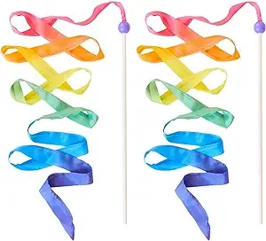 Sarah's Silks - Rainbow Silk Streamer, Baltic Birch Wood, 100% Real Silk, 8-Foot Long 1-Inch Wide Ribbon Dancer Wand