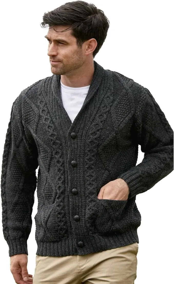 Aran Crafts Men's Irish Cable Knitted Wool Button Neck Long Sleeve Cardigan Sweater