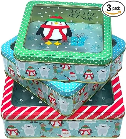 Plum Designs Christmas Cookie Tins- Set of 3 Sizes- Metal Cookie Tins with Lids-Merry and Bright- Festive Christmas Holiday Treat Tins For Gift Giving