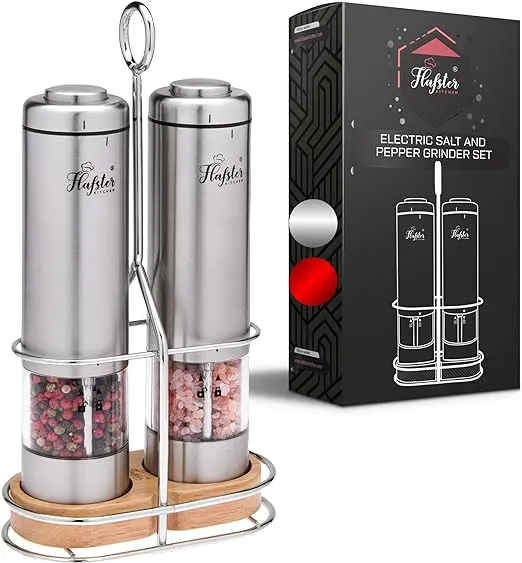 Premium Electric Salt and Pepper Grinder Set with Adjustable Coarseness, Battery-Operated Stainless Steel Design, One-Hand Operation, LED Light, and Spill-Proof Base – Ideal for Kitchen and Dining​