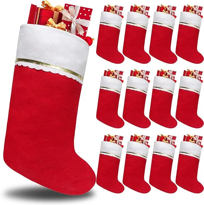 Tokforty 12 Pack Felt Christmas Stockings, 19 Inches Red and White Christmas Stockings Hanging Ornaments, White Cuff with Gold Trim Christmas Stockings for Family Christmas Holiday DecorationsTokforty 12 Pack Felt Christmas Stockings, 19 Inches Red and W