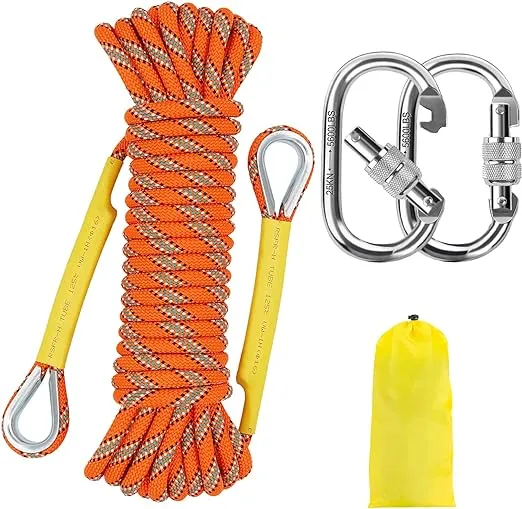 NTR Orange/Black/Blue Climbing Rope 10M(32ft) 20M(64ft) 30M(96ft) 50M(160ft), 8MM Static Rock Climbing Rope with 2 Steel Hooks, Rappelling Rope for Outdoor, Hiking Safety Escape Rope, Rescue Parachute