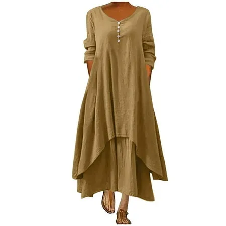 Women's Maxi Dress Solid Cotton Linen Plus Size Long Dresses Casaul Loose Dresses with Pockets