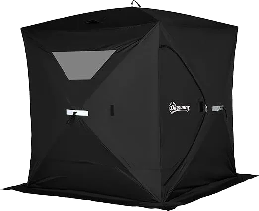 Outsunny 2-4 Person Insulated Ice Fishing Shelter, Pop-Up Portable Ice Fishing Tent with Carry Bag, Two Doors Ice Shanty for Winter Fishing Low-Temp -22℉, Black