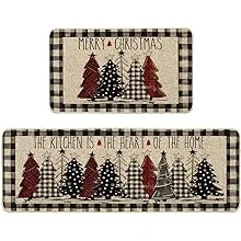 Artoid Mode Buffalo Plaid Xmas Tree Merry Christmas Kitchen Mats Set of 2, Winter Home Decor Low-Profile Kitchen Rugs for Floor - 17x29 and 17x47 Inch