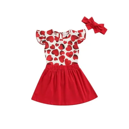 Amiblvowa Newborn Baby Girl Valentines Day Outfit Infant Short Sleeve Ruffle Love Heart Tutu Romper Dress with Headband