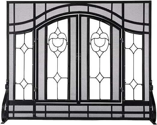 Plow & Hearth Metal Fireplace Screen Glass Floral Black | 38" W x 31" H | 2 - Door | Spark Guard Indoor Grate | Iron Fire Place Cover | Wood Burning Stove Decorative Accessories