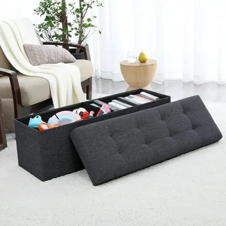 Ornavo Home Foldable Tufted Linen Large Storage Ottoman Bench Foot Rest Stool/Seat - 15" x 45" x 15"