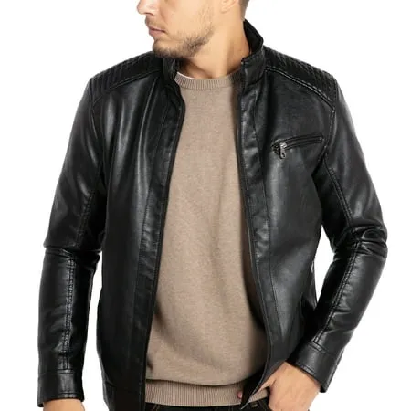 WULFUL Men's Stand Collar Motorcycle Faux Leather Jacket