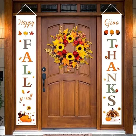 DAZONGE Thanksgiving Decor | Happy Fall & Give Thanks Porch Banners for Thanksgiving Decorations Indoor and Outdoor | Thanksgiving Welcome Sign for Home Porch Front Door Decor