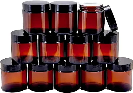 , 12, Amber, 4 oz, Round Glass Jars, with Inner Liners and black Lids