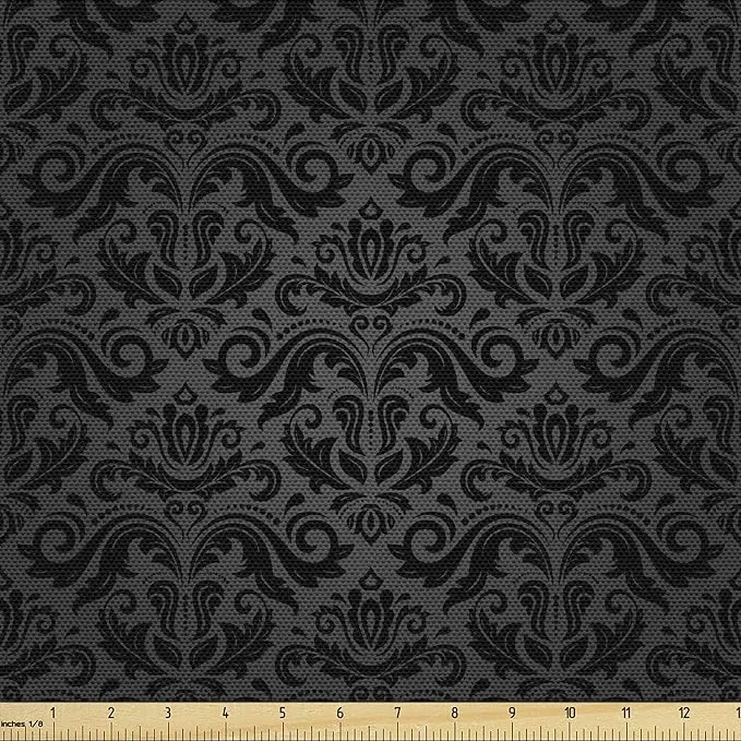 Ambesonne Dark Grey Fabric by The Yard, Black Damask and Floral Elements Oriental Antique Ornament Vintage, Microfiber Fabric for Arts and Crafts Textiles & Decor, 1 Yard, Black Grey