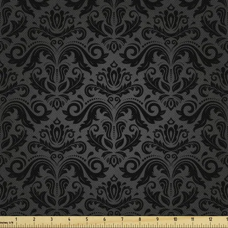 Ambesonne Dark Grey Fabric by The Yard, Black Damask and Floral Elements Oriental Antique Ornament Vintage, Microfiber Fabric for Arts and Crafts Textiles & Decor, 1 Yard, Black Grey