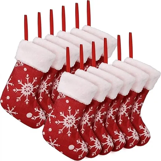 12 Pack Classic Christmas Stocking. Red Christmas Tree Hanging Stockings with White Snowflakes Decoration for Family Christmas Holiday Xmas Gift (Small 10 Inch)