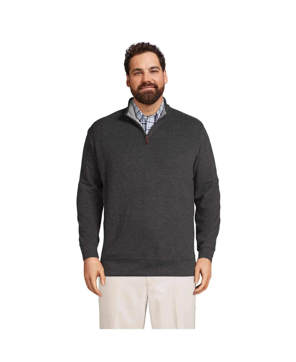 Lands' End Men's Big & Tall Bedford Rib Quarter Zip Sweater - Black