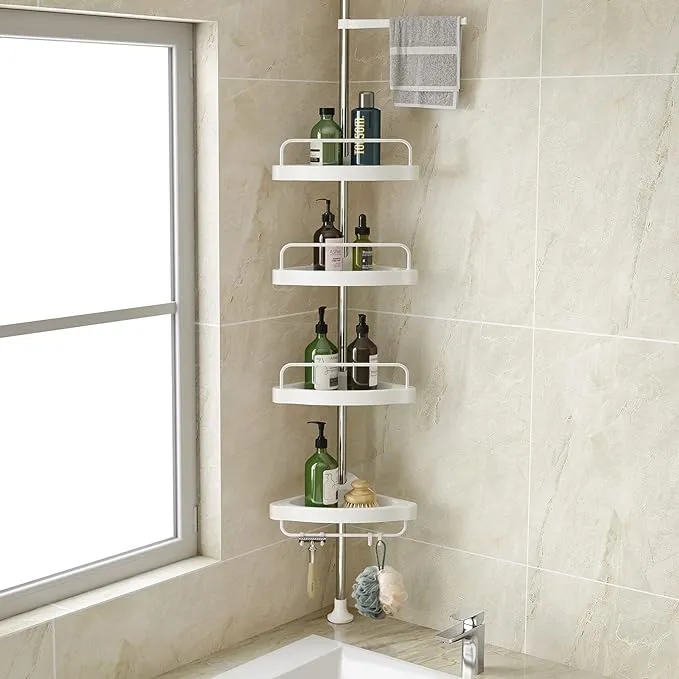 Hamitor Corner Shower Caddy Tension Pole: Adjustable Stainless Steel Shower Organizer with 4 Tier Shelf for Bathroom Bathtub Tub Shampoo - Floor