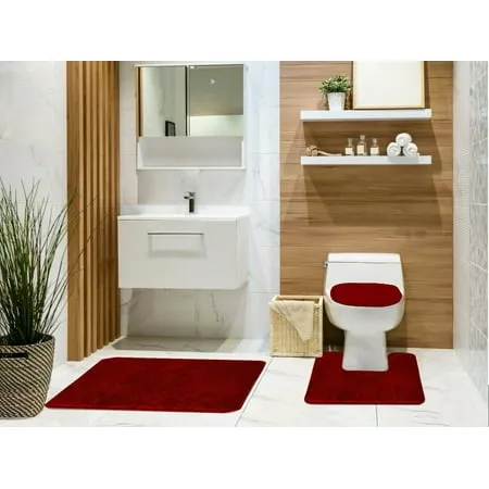 Tobin 3 Piece Bathroom Rug Set Bath Mat Contour Rug Toilet Seat Lid Cover Non-Slip Rubber Back Floor Mats Water Absorbent Low Pile- Burgundy