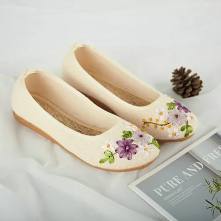 Women Classic Floral Print Embroidered Shoes Chinese Style Ballet Flats Shoes Slip on Shoes