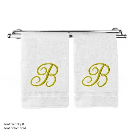 Monogrammed Hand Towel Personalized Gift 16 x 30 Inches - Set of 2 - Gold Embroidered Towel - Extra Absorbent 100% Turkish Cotton- Soft Terry Finish - for Bathroom Kitchen and Spa- Script B White