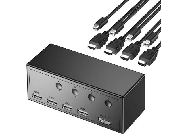 4K HDMI KVM Switch, 4 Port HDMI USB Switch for 4 Computer Share a 4K@30Hz Monitor and 3 USB Device Keyboard Mouse Printer, Including 4 KVM Cables