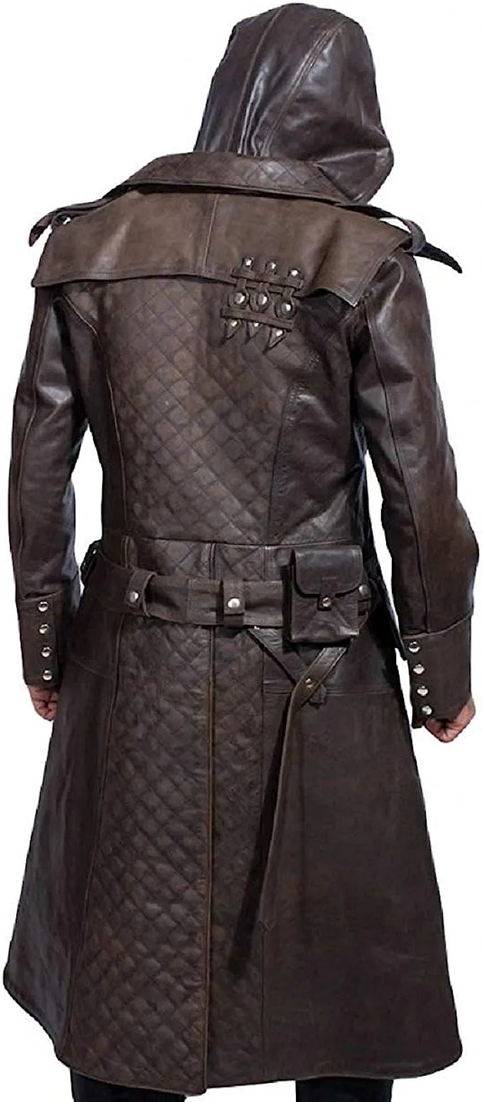 Assassin's Creed Brown Genuine Leather Men's Trench Long Coat