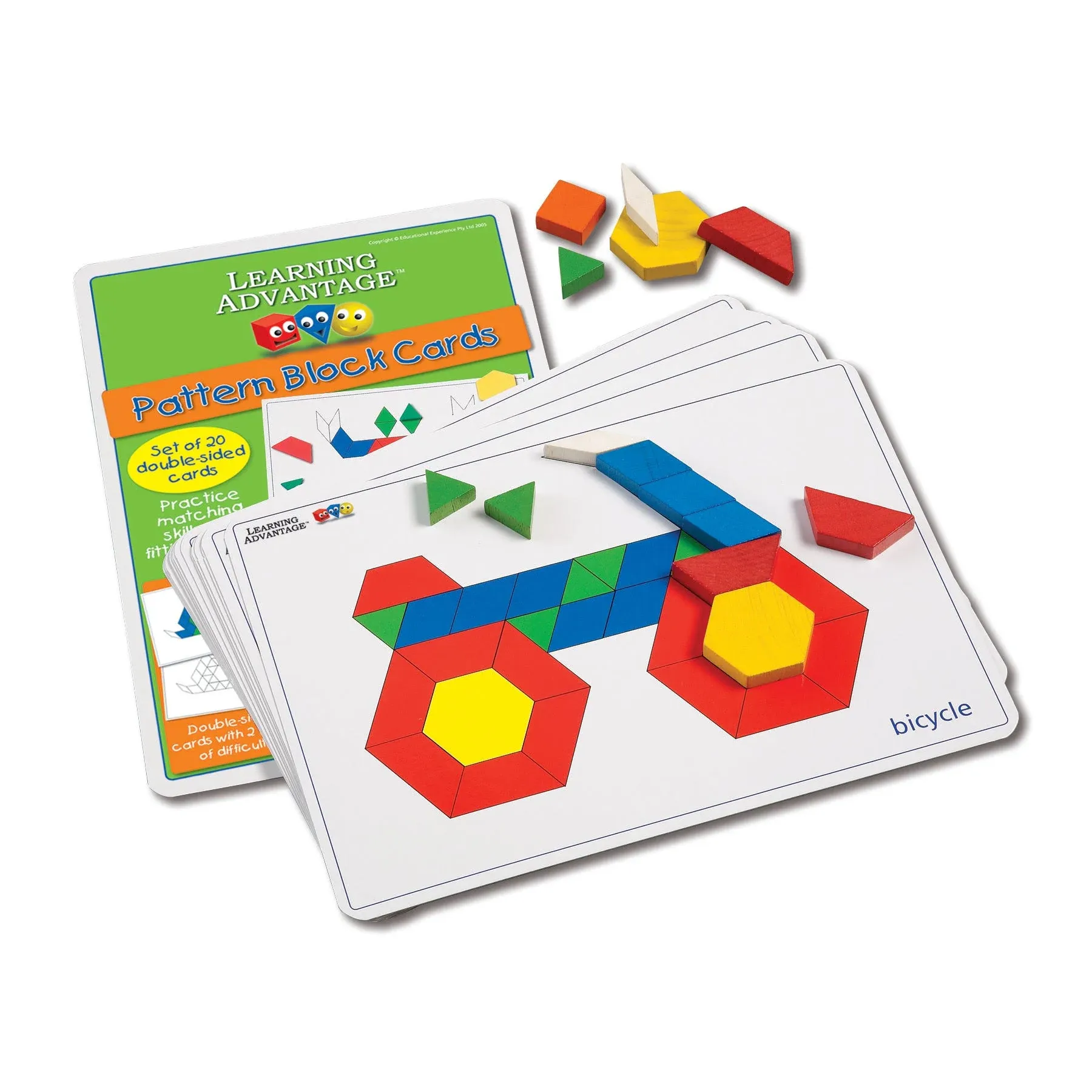 LEARNING ADVANTAGE 7149 Pattern Block Cards - Set of 20 Double-Sided Cards - Early Geometry for Kids - Teach Creativity, Sequencing and Patterning