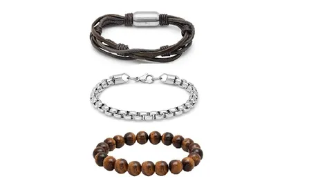 Men'sStainless Steel and Leather Bracelet Set Of 3 None Multi Stainless Steel Brown Braided Leather Steel Tiger Eye