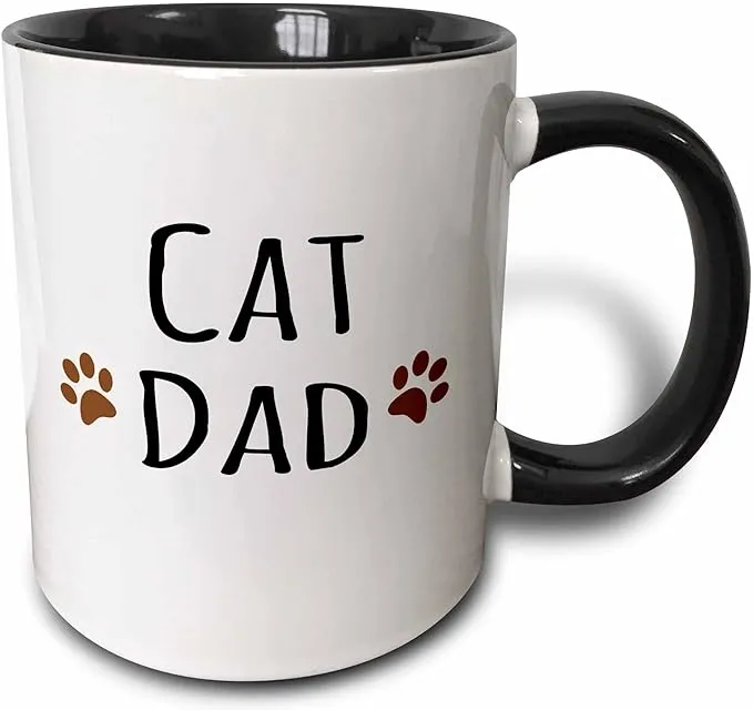 3dRose Cat Dad text in black with two paw prints Two Tone Black Mug, 11oz