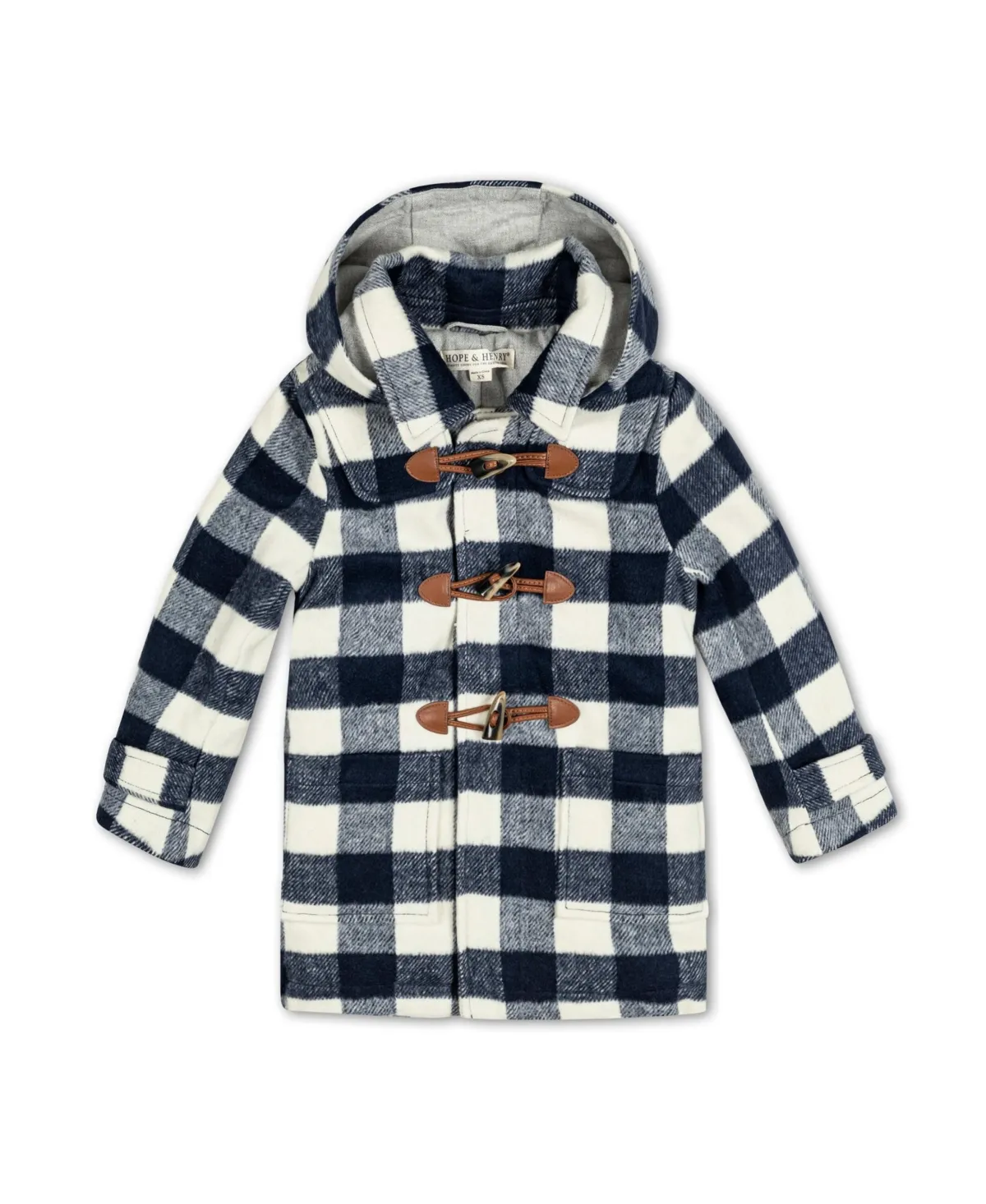 Hope & Henry Boys' Toggle Duffle Coat with Detachable Hood, Kids - Navy and Ivory Buffalo Plaid