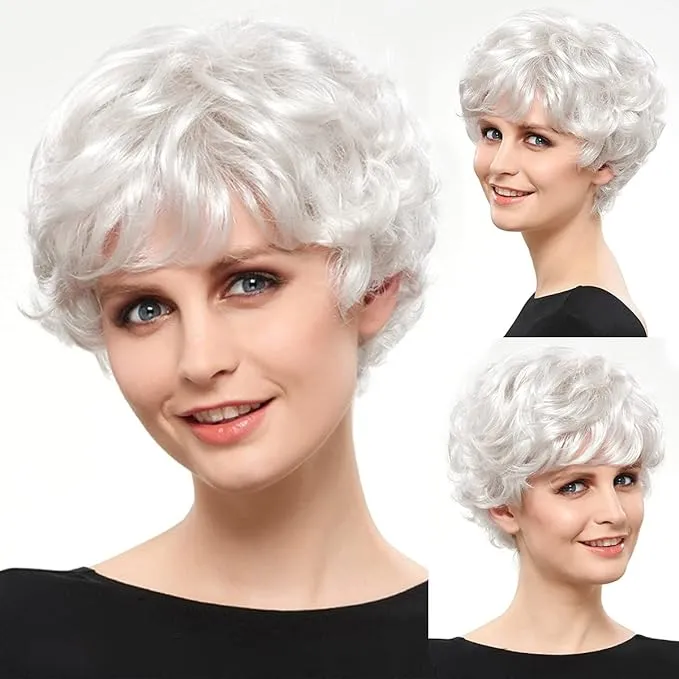 Short Curly White Wigs Natural Layered Synthetic Wigs Halloween Cosplay Costume Wig for Women