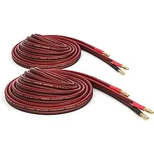 Micca 14 Gauge Pure Copper Speaker Wire, 6 Feet 2 Pack, Gold Plated Banana Plugs, Soldered Construction, Slim Design, 245 Strands, for Stereo or Home Theater, 2 Meters Pair