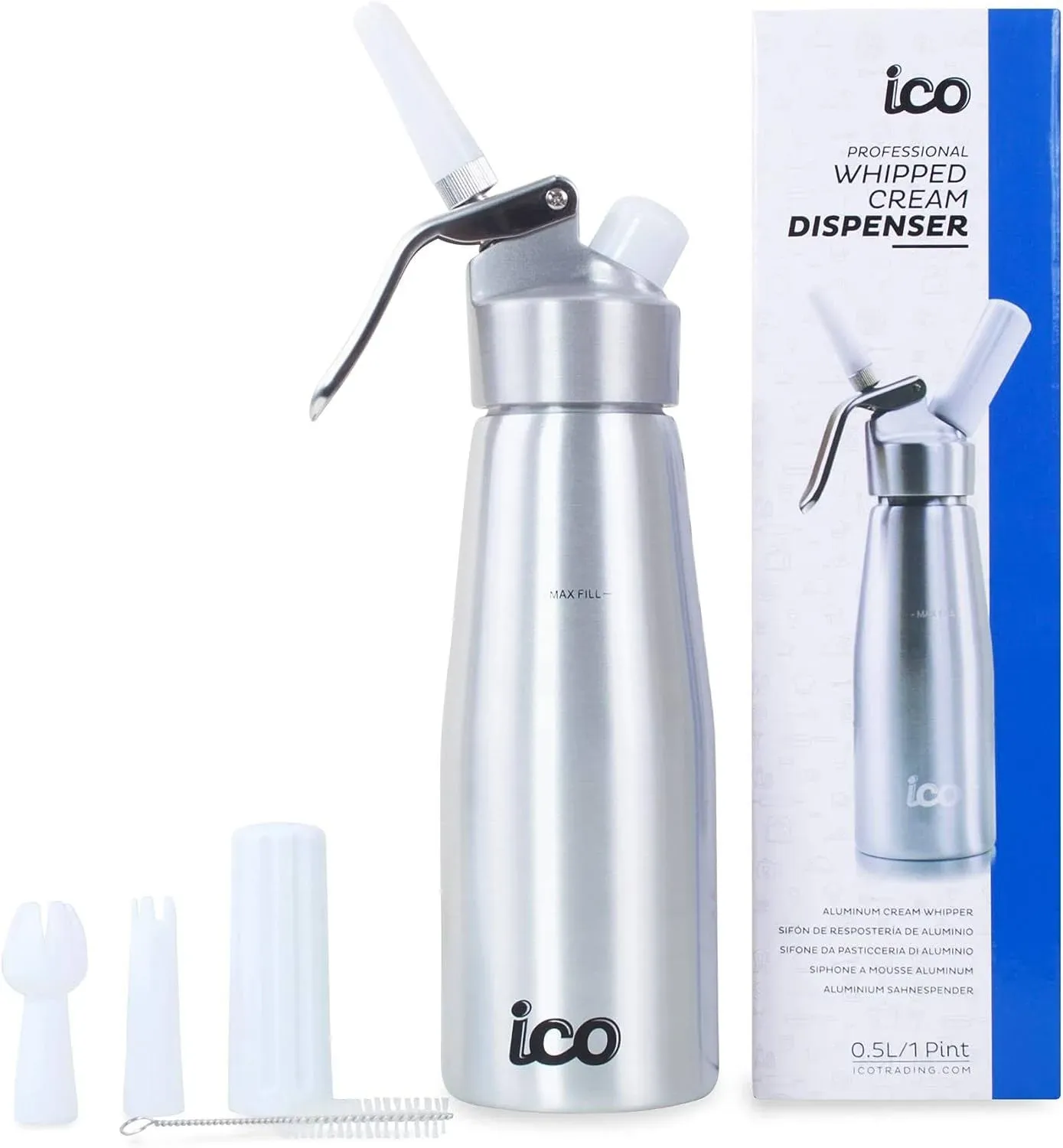 ICO Professional Aluminum Whipped Cream Dispenser for Homemade Whipping Cream, Desserts, Dips, Sauces, and Infused Liquors, Whipped Cream Maker for use with Whip Cream Charger, Silver, 1-Pint