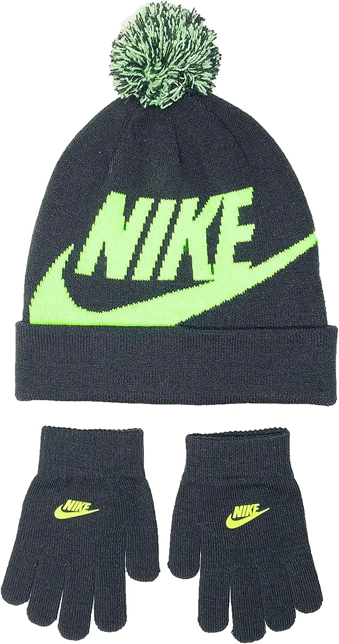 Nike Swoosh Pom Beanie Gloves Set (Little Kids/Big Kids) Dark Smoke Grey